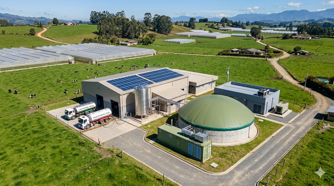 Imagen conceptual de una planta agroindustrial de biogás integrada a una operación rural